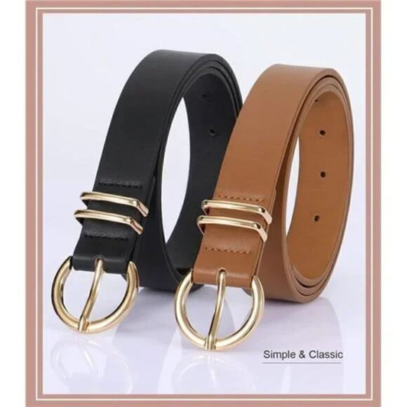 2 Pack Women's Leather Belts for Jeans Dresses Fashion Gold Buckle Ladies Belt - Picture 2 of 6